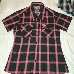 DIXXON Women's Pink and Black Plaid Button Down Shirt